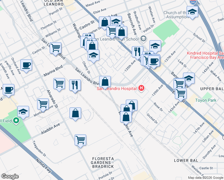 map of restaurants, bars, coffee shops, grocery stores, and more near 821 Coburn Court in San Leandro
