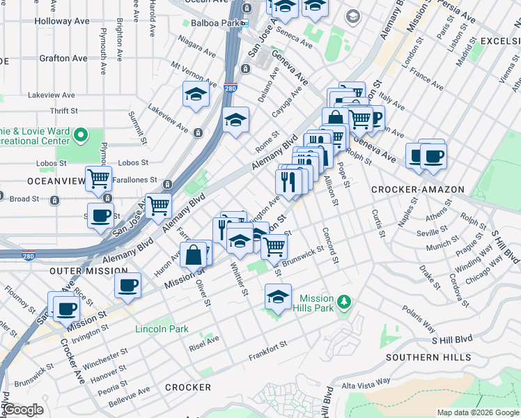 map of restaurants, bars, coffee shops, grocery stores, and more near 40 Dichiera Court in San Francisco