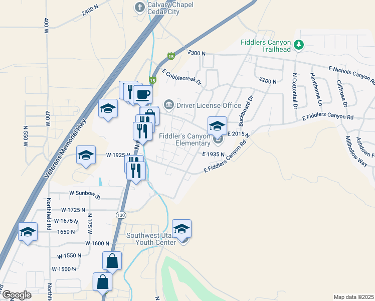 map of restaurants, bars, coffee shops, grocery stores, and more near 195 East Fiddlers Canyon Road in Cedar City