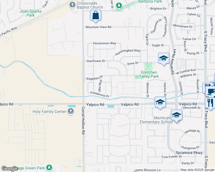 map of restaurants, bars, coffee shops, grocery stores, and more near 2449 Aurora Astorga Drive in Tracy