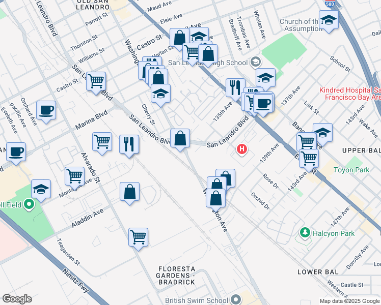 map of restaurants, bars, coffee shops, grocery stores, and more near 2480 Washington Avenue in San Leandro