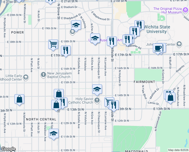map of restaurants, bars, coffee shops, grocery stores, and more near 1638 North Erie Street in Wichita