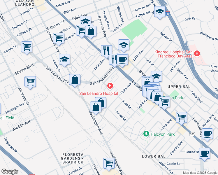map of restaurants, bars, coffee shops, grocery stores, and more near 13855 Rose Drive in San Leandro