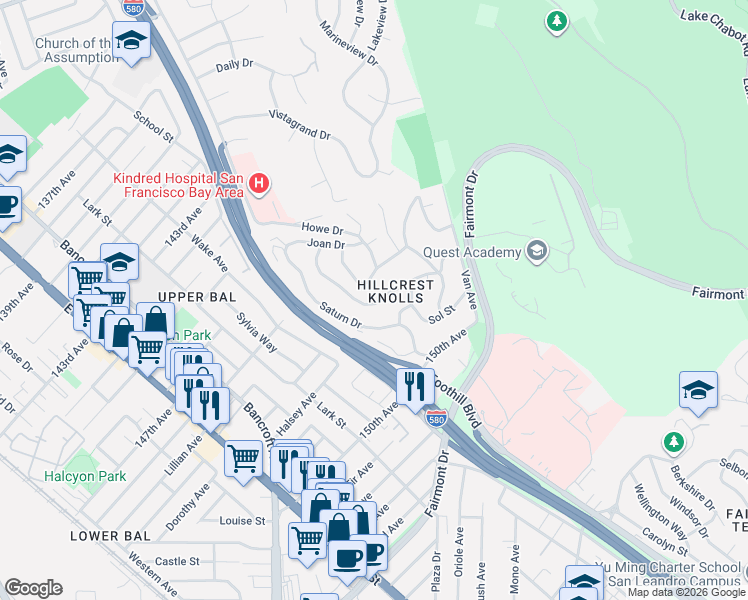 map of restaurants, bars, coffee shops, grocery stores, and more near in San Leandro