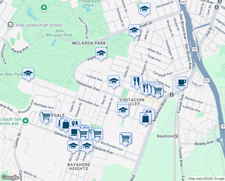 map of restaurants, bars, coffee shops, grocery stores, and more near 20 Schwerin Street in San Francisco