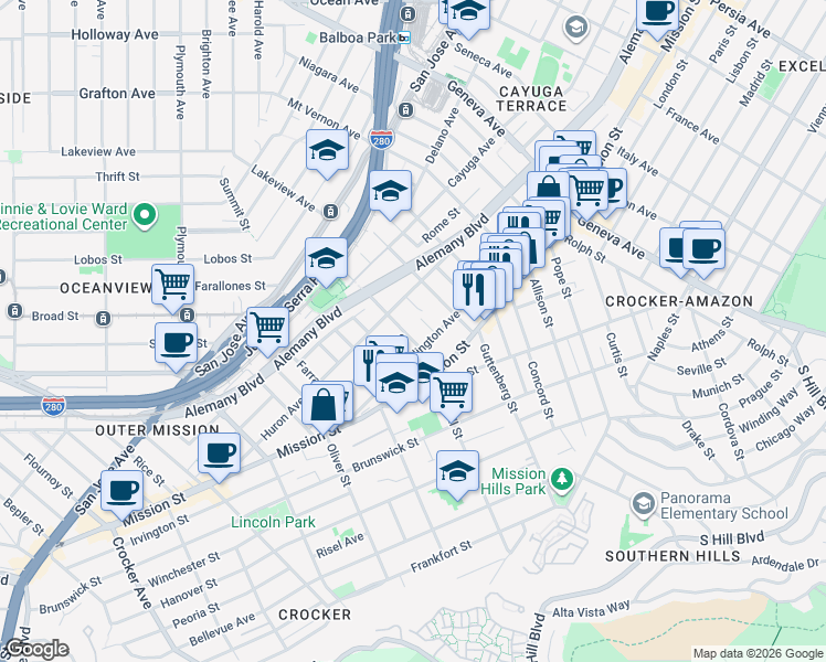 map of restaurants, bars, coffee shops, grocery stores, and more near 40 Dichiera Court in San Francisco