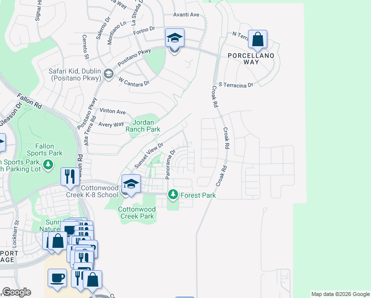 map of restaurants, bars, coffee shops, grocery stores, and more near 4371 Panorama Drive in Dublin