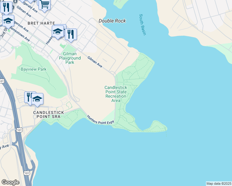 map of restaurants, bars, coffee shops, grocery stores, and more near 500 Hunters Point Expressway in San Francisco
