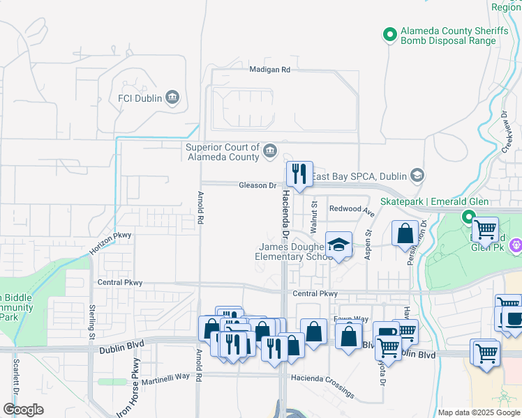 map of restaurants, bars, coffee shops, grocery stores, and more near 5160 Hacienda Drive in Dublin