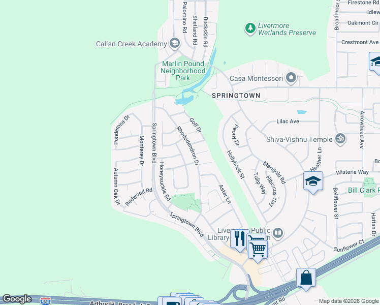 map of restaurants, bars, coffee shops, grocery stores, and more near 1707 Rhododendron Drive in Livermore