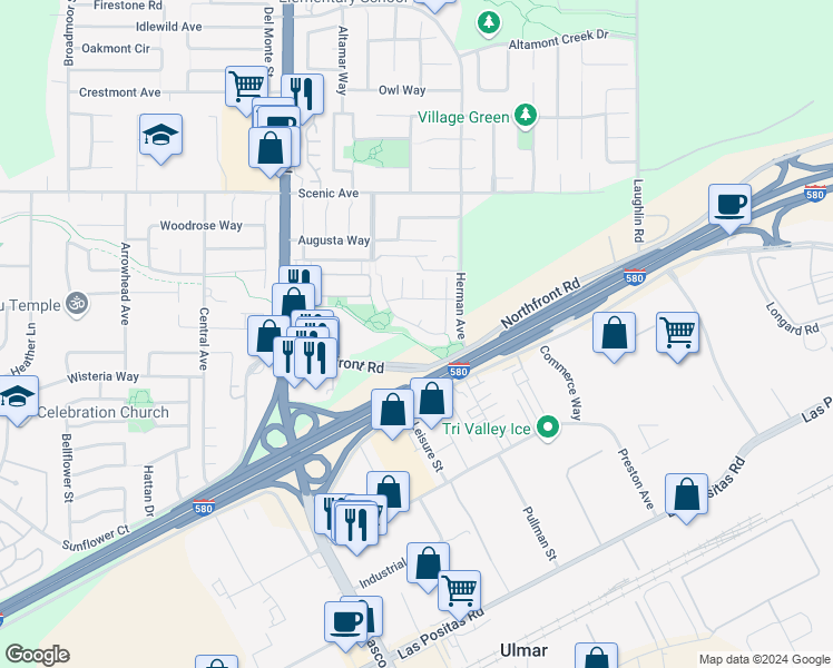 map of restaurants, bars, coffee shops, grocery stores, and more near 6401 Almaden Way in Livermore
