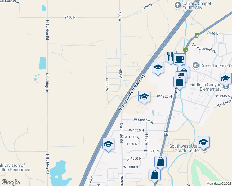 map of restaurants, bars, coffee shops, grocery stores, and more near 457 West 1950 North in Cedar City