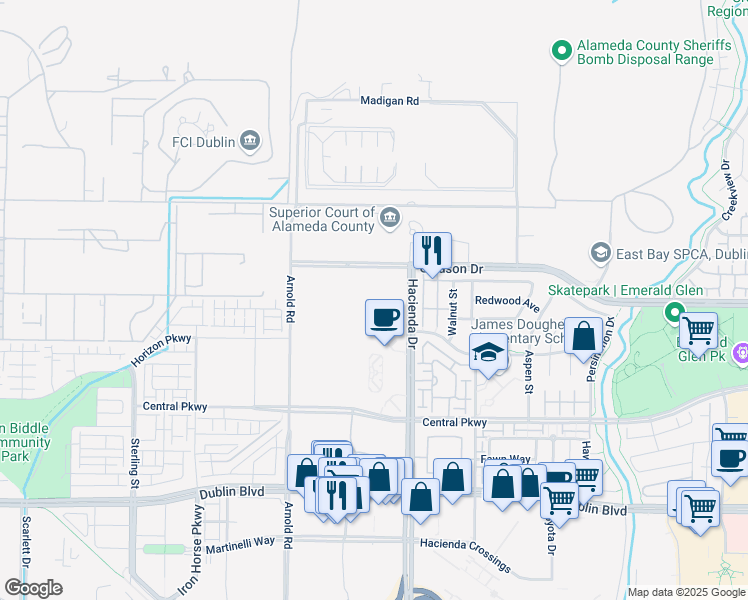 map of restaurants, bars, coffee shops, grocery stores, and more near 5160 Hacienda Drive in Dublin