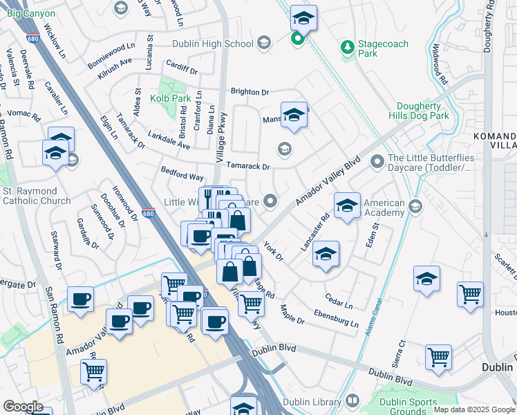 map of restaurants, bars, coffee shops, grocery stores, and more near 7239 Emerald Avenue in Dublin