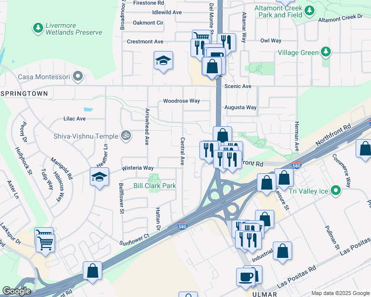 map of restaurants, bars, coffee shops, grocery stores, and more near 5801 Flora Common in Livermore