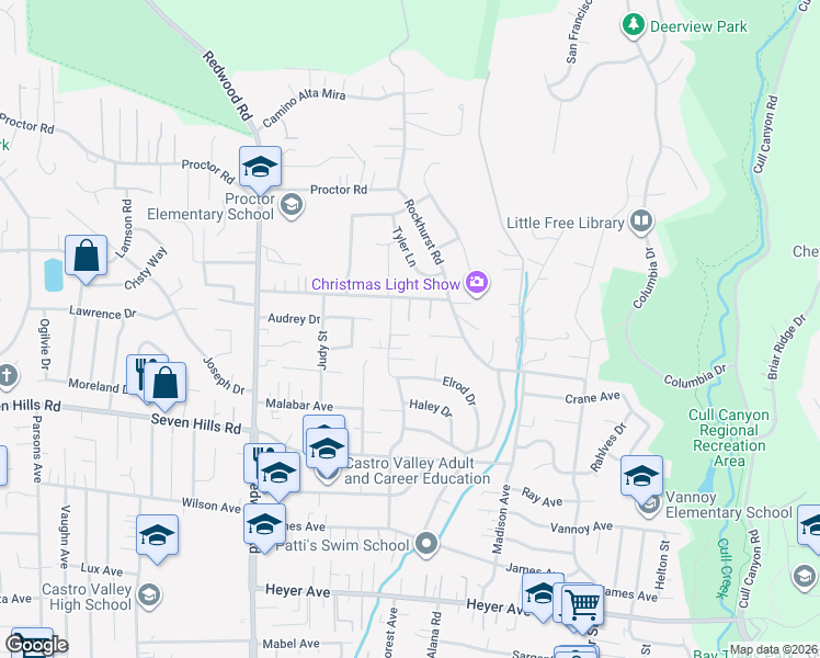 map of restaurants, bars, coffee shops, grocery stores, and more near 18116 Apricot Way in Castro Valley
