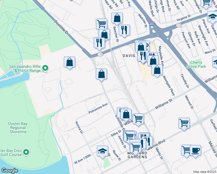 map of restaurants, bars, coffee shops, grocery stores, and more near 1500 Doolittle Drive in San Leandro