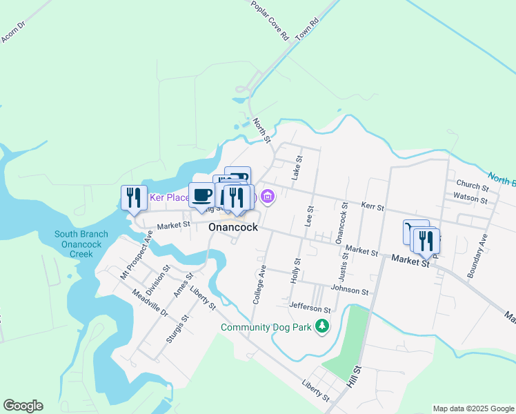 map of restaurants, bars, coffee shops, grocery stores, and more near 1 Crockett Avenue in Onancock