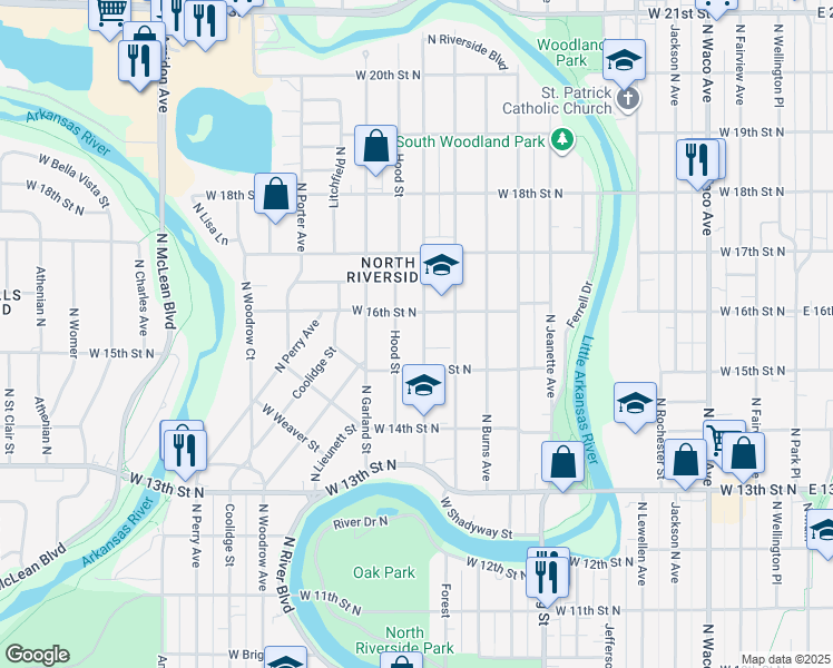map of restaurants, bars, coffee shops, grocery stores, and more near 1649 North Payne Avenue in Wichita