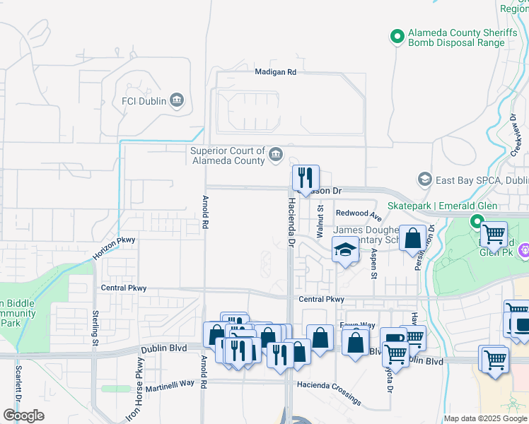 map of restaurants, bars, coffee shops, grocery stores, and more near 5160 Hacienda Drive in Dublin