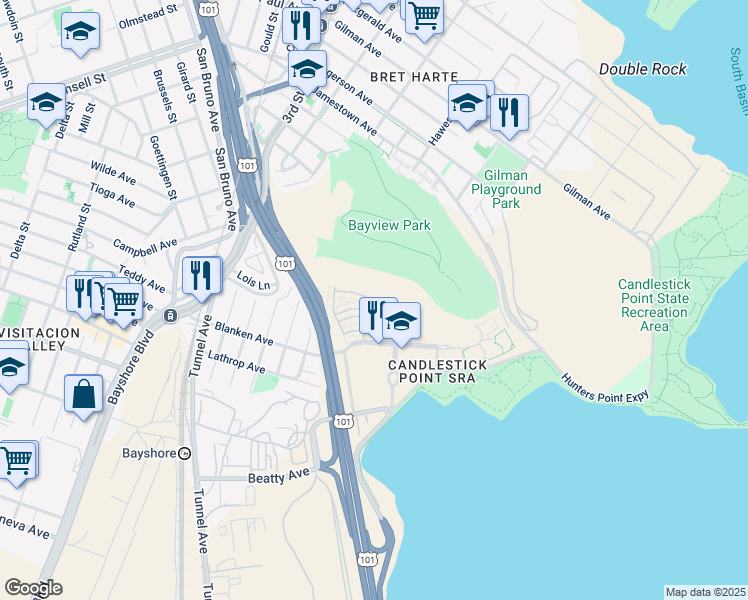 map of restaurants, bars, coffee shops, grocery stores, and more near 201 Diamond Cove Terrace in San Francisco