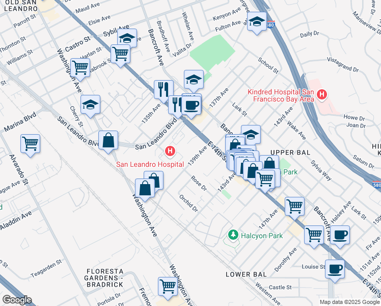 map of restaurants, bars, coffee shops, grocery stores, and more near 13939 East 14th Street in San Leandro