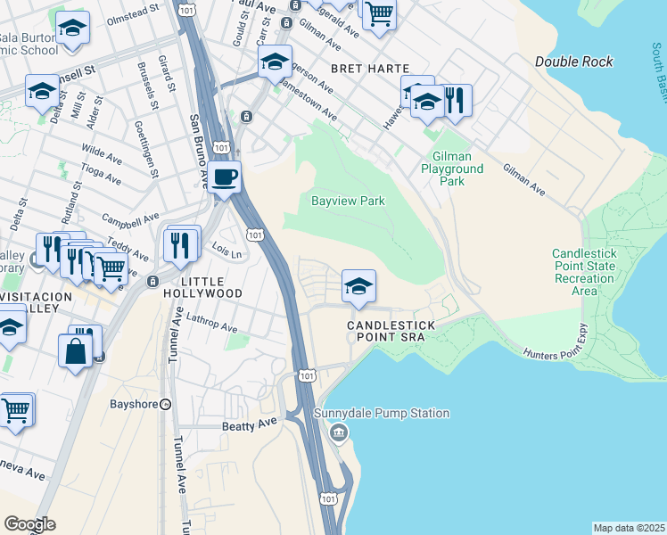 map of restaurants, bars, coffee shops, grocery stores, and more near 201 Diamond Cove Terrace in San Francisco
