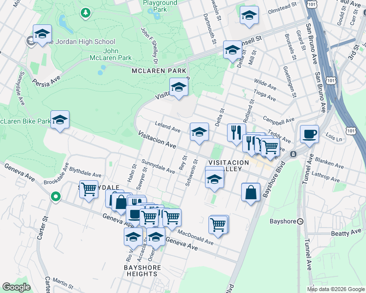 map of restaurants, bars, coffee shops, grocery stores, and more near 66 Rey Street in San Francisco