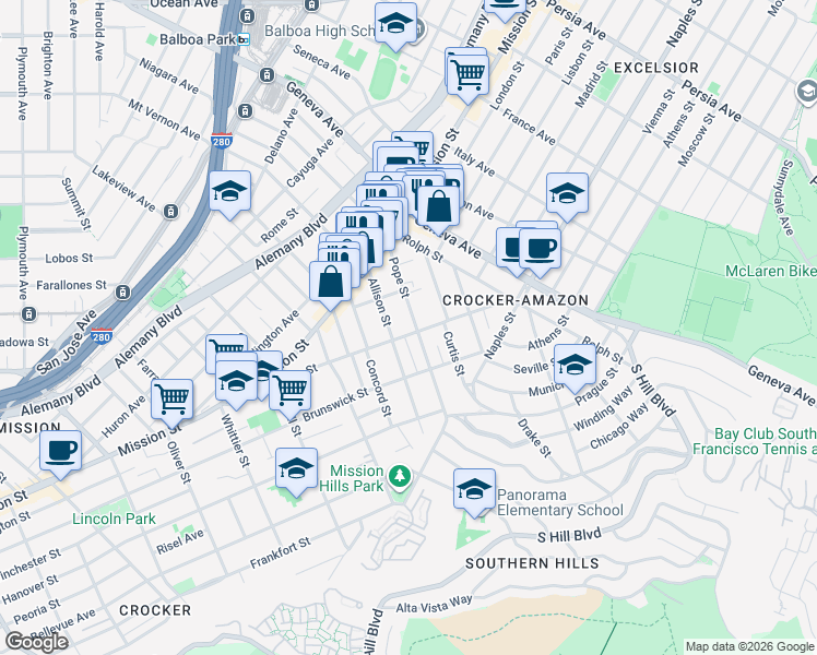 map of restaurants, bars, coffee shops, grocery stores, and more near 183 Pope Street in San Francisco