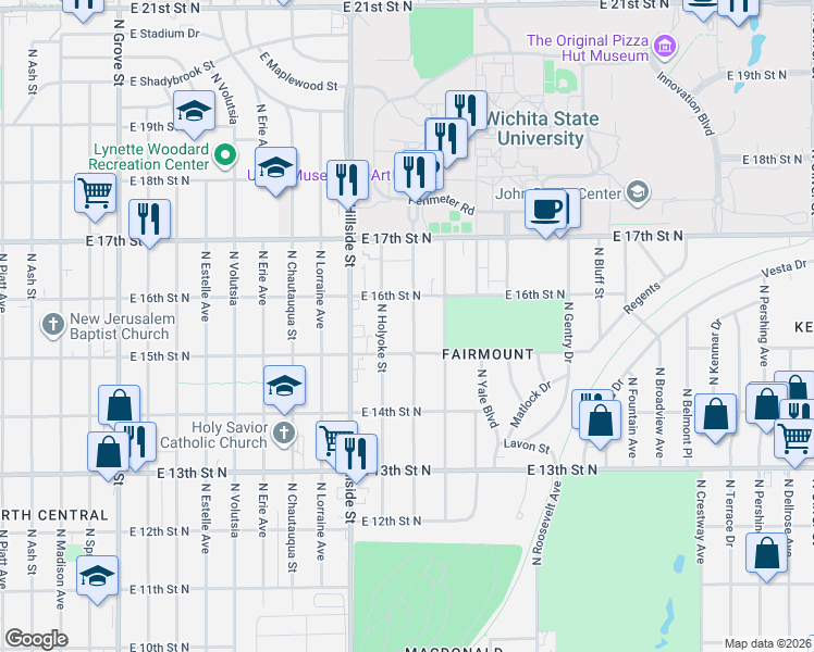 map of restaurants, bars, coffee shops, grocery stores, and more near 1640 North Holyoke Street in Wichita