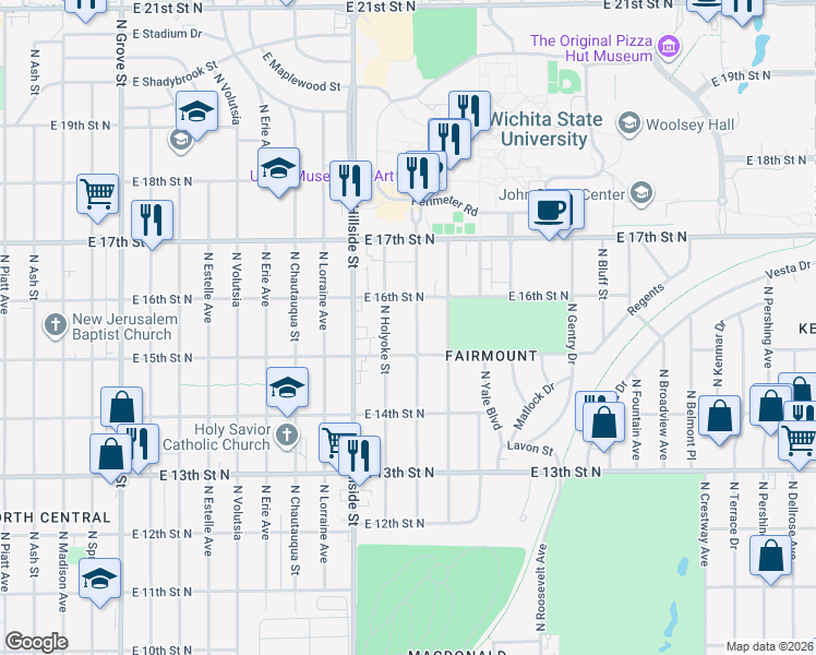 map of restaurants, bars, coffee shops, grocery stores, and more near 1640 North Holyoke Street in Wichita