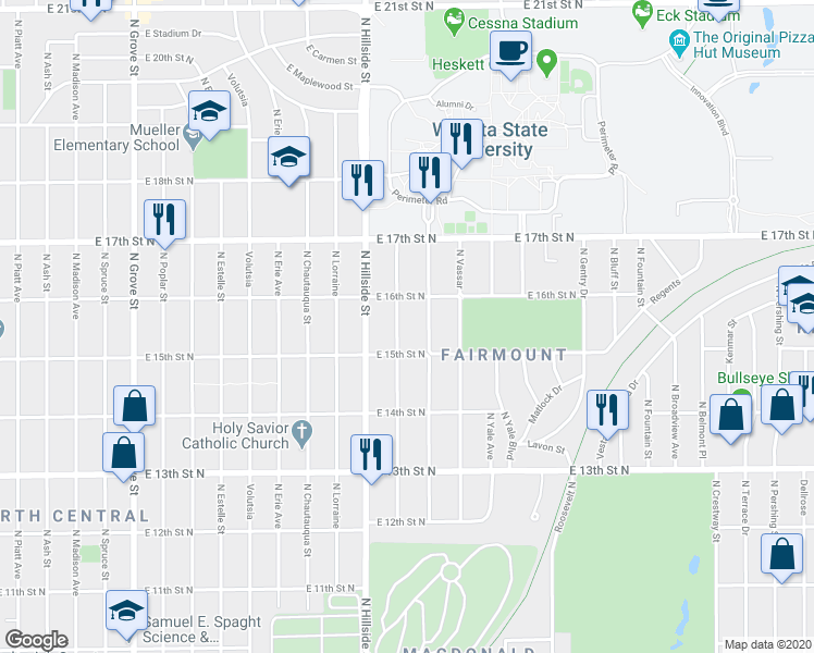 map of restaurants, bars, coffee shops, grocery stores, and more near 1640 North Holyoke Street in Wichita