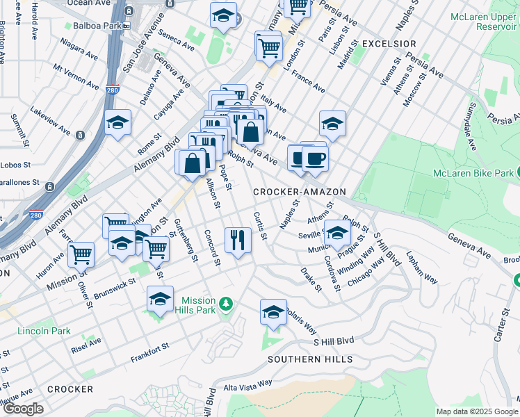 map of restaurants, bars, coffee shops, grocery stores, and more near 125 Morse Street in San Francisco