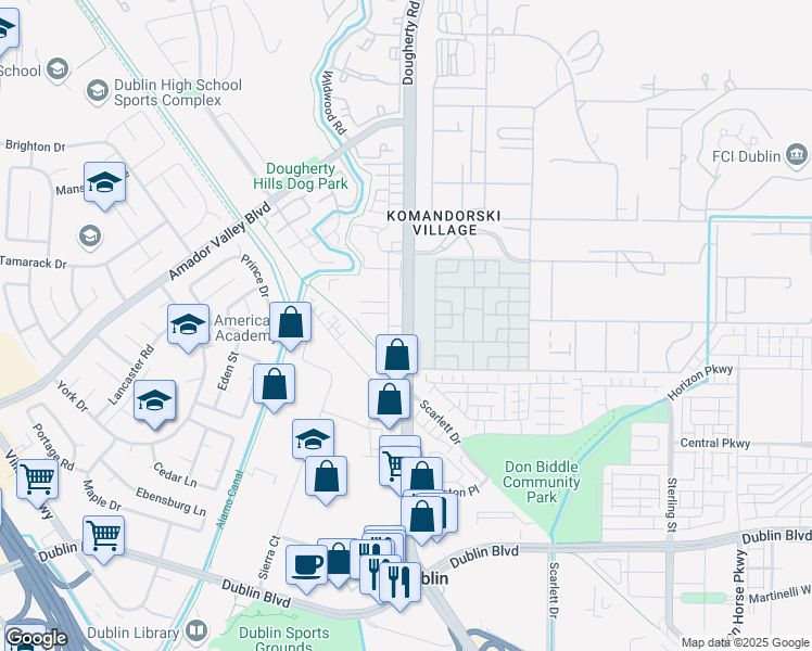 map of restaurants, bars, coffee shops, grocery stores, and more near Monterey Way in Dublin
