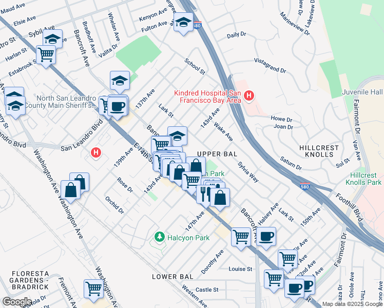 map of restaurants, bars, coffee shops, grocery stores, and more near 14300 Bancroft Avenue in San Leandro