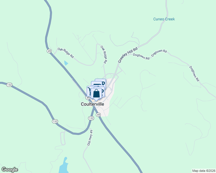 map of restaurants, bars, coffee shops, grocery stores, and more near Main Street in Coulterville