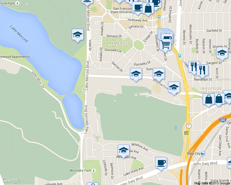 map of restaurants, bars, coffee shops, grocery stores, and more near 246 North Lake Merced Hills in San Francisco