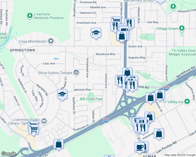 map of restaurants, bars, coffee shops, grocery stores, and more near 5749 Cherry Way in Livermore