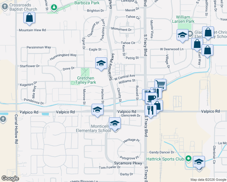 map of restaurants, bars, coffee shops, grocery stores, and more near 2455 Christy Street in Tracy