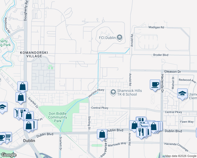 map of restaurants, bars, coffee shops, grocery stores, and more near 6185 Raven Avenue in Dublin
