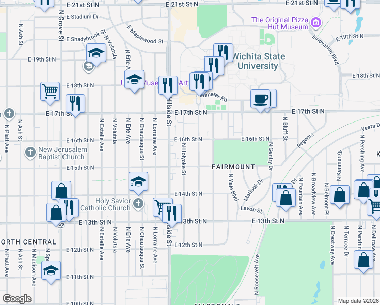 map of restaurants, bars, coffee shops, grocery stores, and more near 1640 North Holyoke Street in Wichita