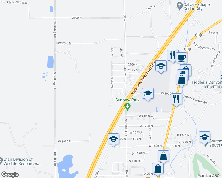 map of restaurants, bars, coffee shops, grocery stores, and more near 1949 North 550 West in Cedar City