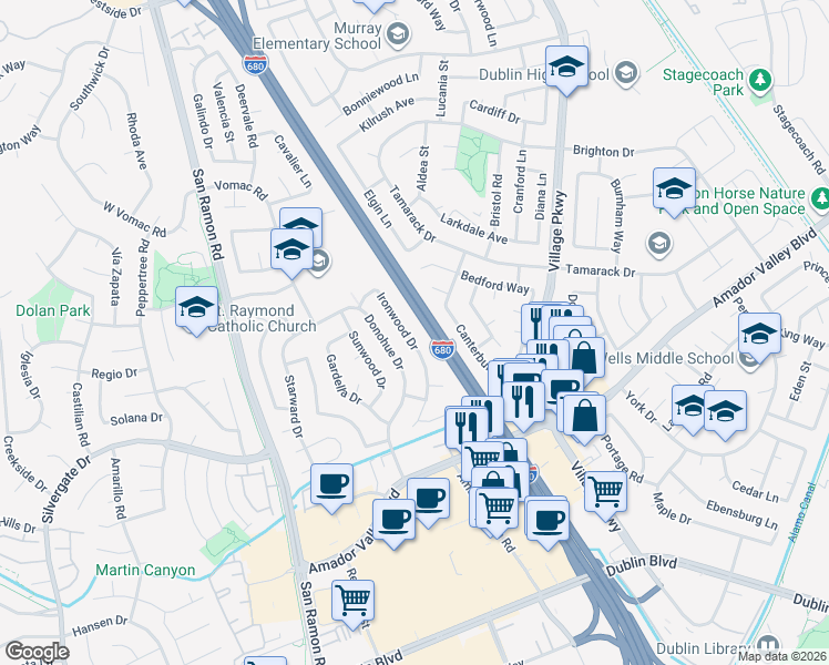map of restaurants, bars, coffee shops, grocery stores, and more near 7737 Ironwood Drive in Dublin