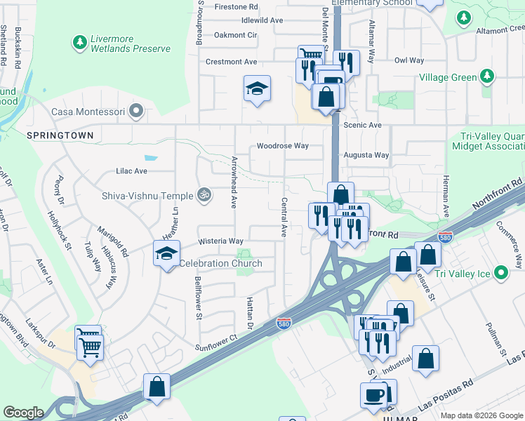 map of restaurants, bars, coffee shops, grocery stores, and more near 5749 Cherry Way in Livermore