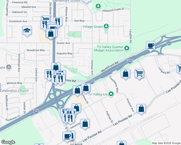 map of restaurants, bars, coffee shops, grocery stores, and more near 725 Berryessa Street in Livermore