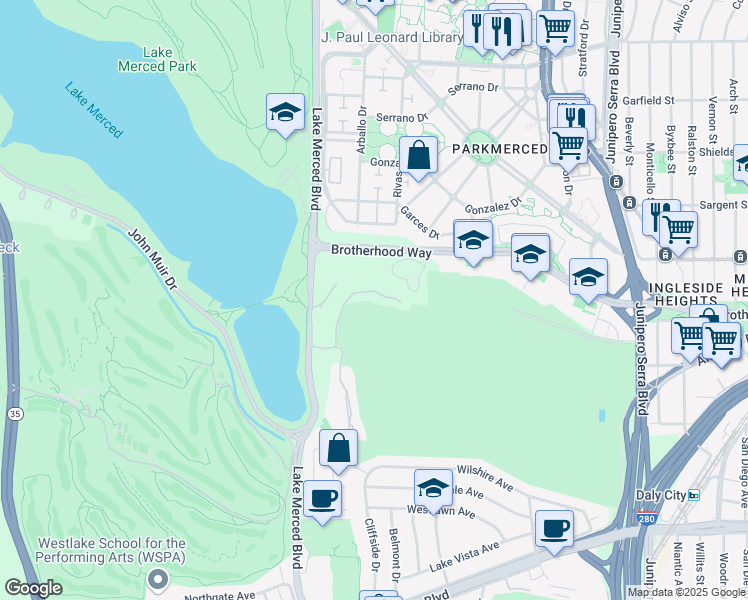 map of restaurants, bars, coffee shops, grocery stores, and more near 225 North Lake Merced Hills in San Francisco
