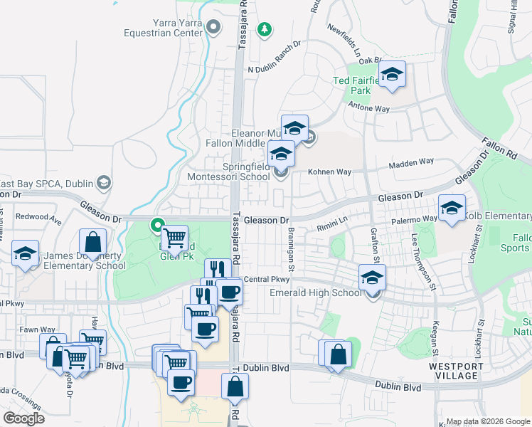 map of restaurants, bars, coffee shops, grocery stores, and more near 3985 Strafford Court in Dublin