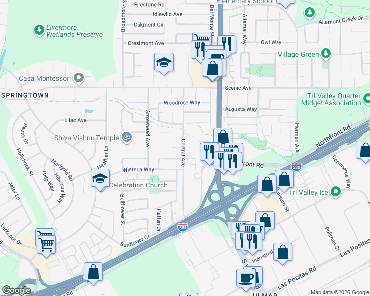 map of restaurants, bars, coffee shops, grocery stores, and more near 5818 Flora Common in Livermore