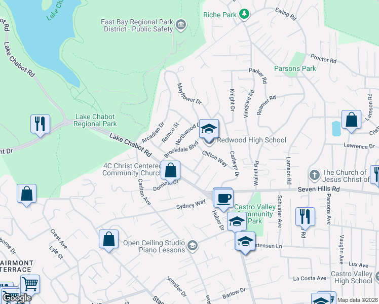 map of restaurants, bars, coffee shops, grocery stores, and more near 3479 Brookdale Boulevard in Castro Valley