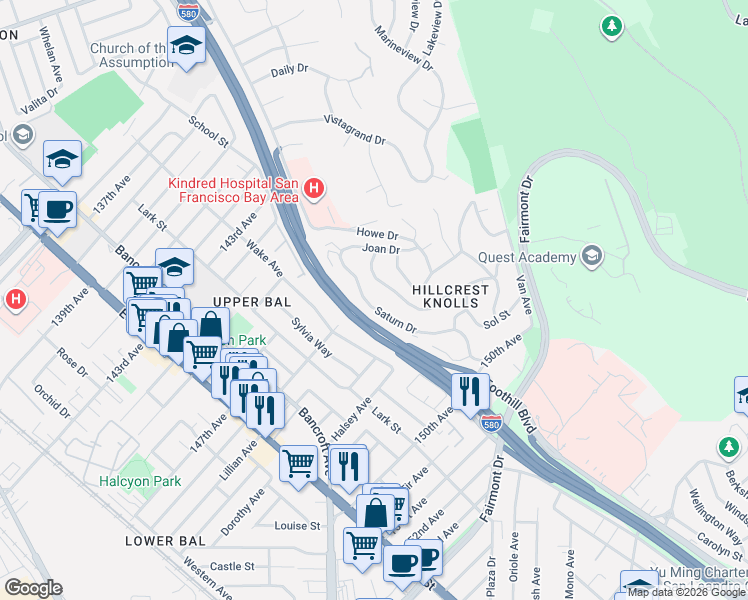 map of restaurants, bars, coffee shops, grocery stores, and more near 14652 Saturn Drive in San Leandro